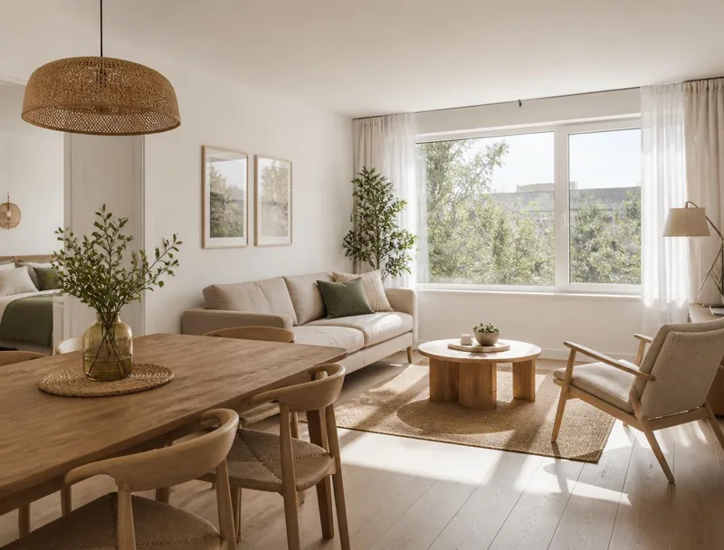 Intérieur chaleureux avec espace repas et salon